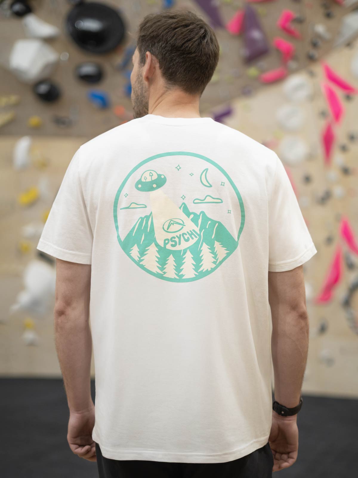 Off-white organic cotton T-shirt with back circular UFO and mountain print