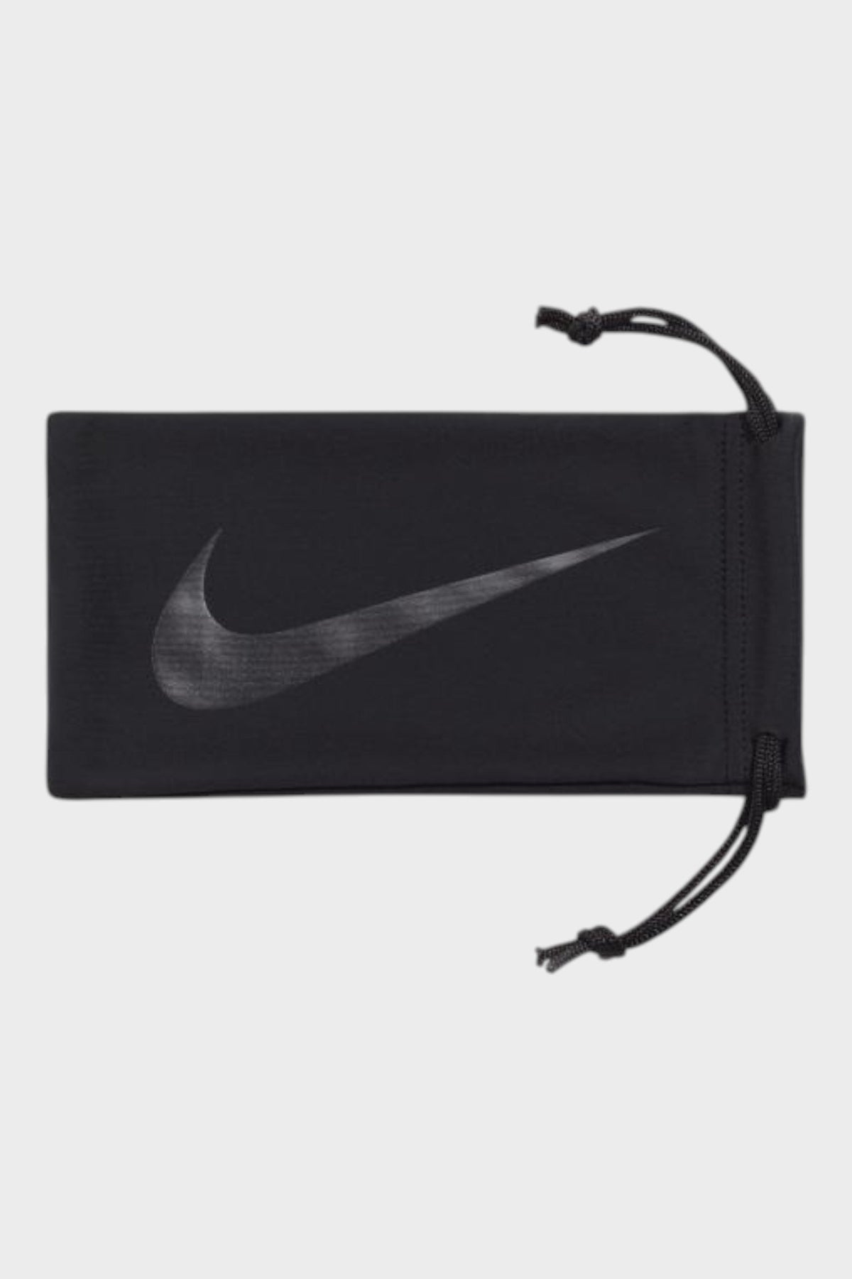 Nike eyeglass case pouch, black fabric with gray swoosh and drawstring ties