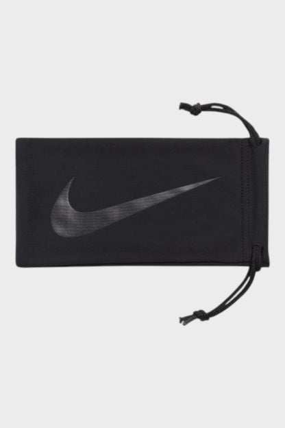 Nike eyeglass case pouch, black fabric with gray swoosh and drawstring ties