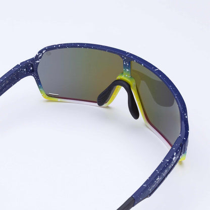 Wraparound sports eyewear with blue speckled frame and green-tinted mirrored lens