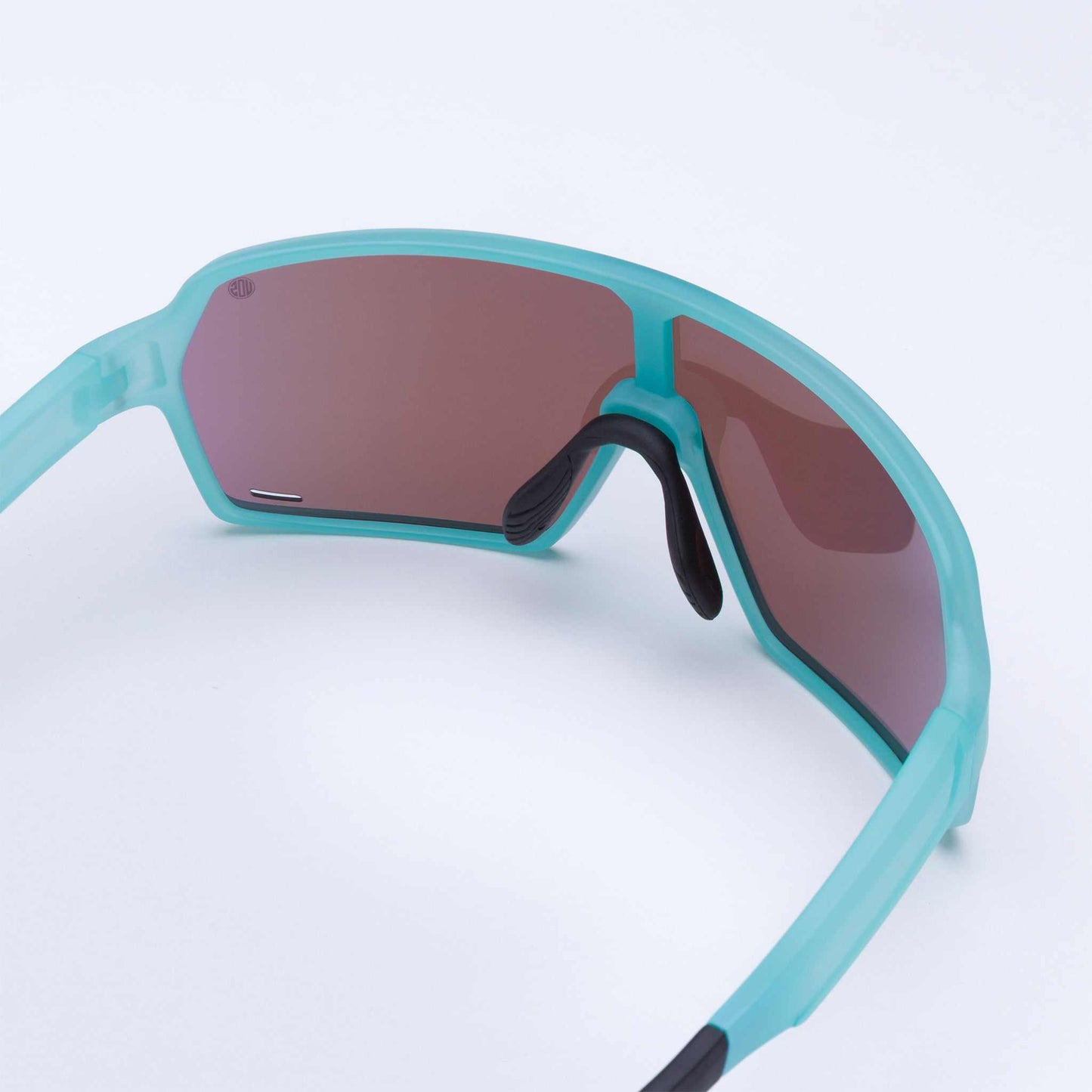 Ice blue wrap-around sports sunglasses with dark brown mirrored lens