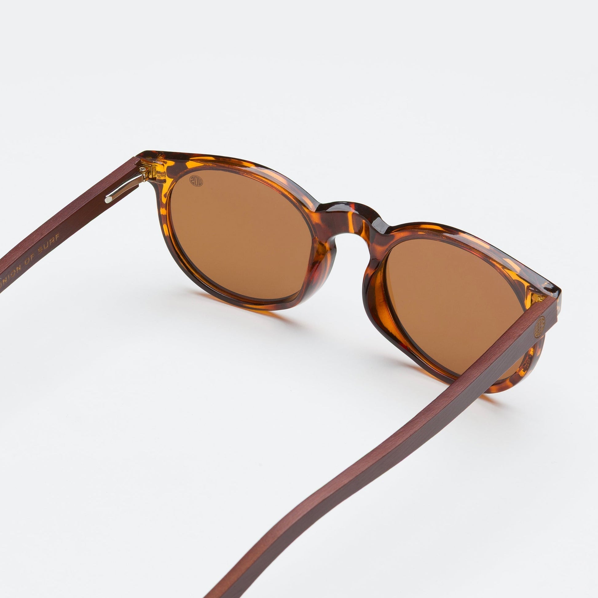Tortoiseshell sunglasses close-up with brown lenses and engraved temple detail.