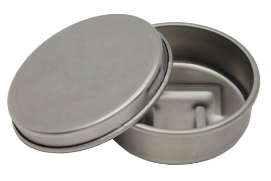 Metal gel burner with round lid, open base showing inner burner components