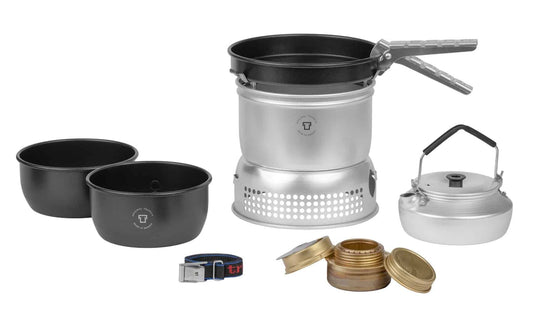 Ultralight cooking system with metal pot, two nesting pans, kettle, burner stove, and accessories