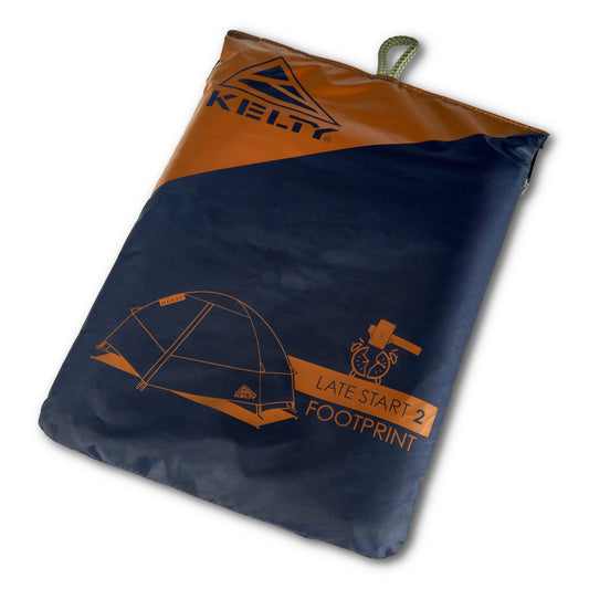 Kelty 2-person tent footprint in dark navy with orange graphics and corner loops