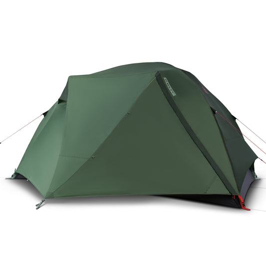 Green dome tent with dark interior and red-trim accents, freestanding on a seam-taped base