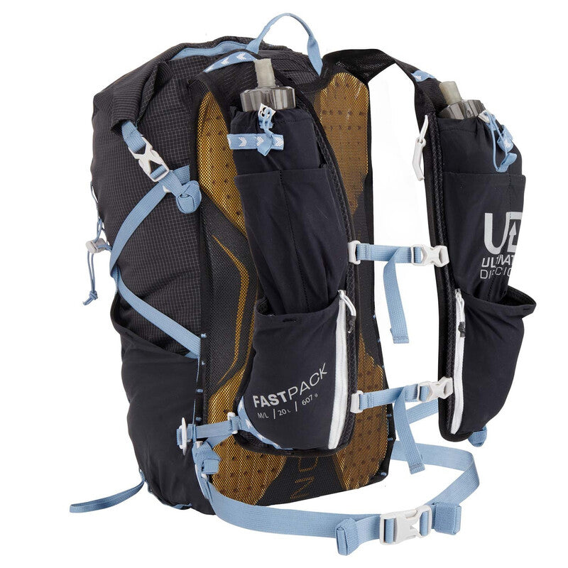 Black Ultimate Direction hydration backpack with blue straps on a white background