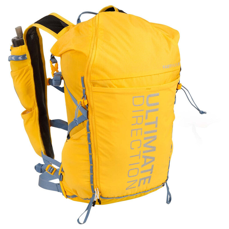 Yellow and blue running backpack with brand name 'Ultimate Direction' on a white back ground