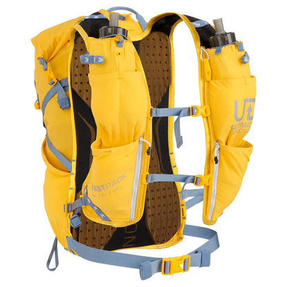 Yellow Ultimate Direction hydration backpack with water bottles on a white background
