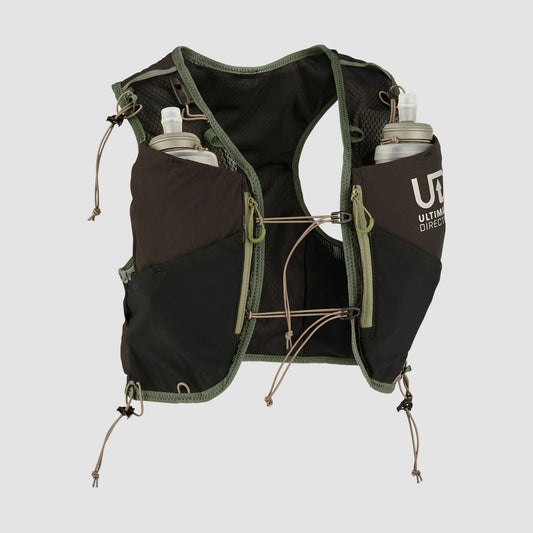 Unisex race vest in dark onyx with olive edging, front pocket panel and tie laces