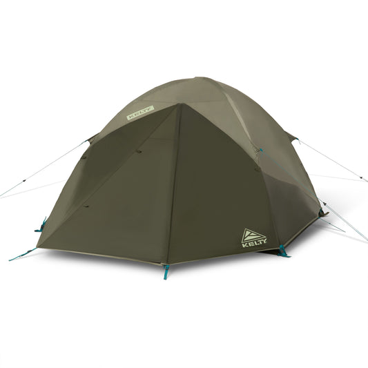 Olive green 4-person dome tent with teal poles and mesh door, KELTY logo