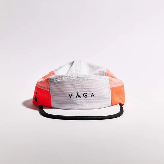 VÅGA Club cap in white, coral, and neon peach with black cord