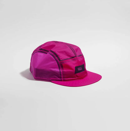 Pink cap with a logo on a light gray background