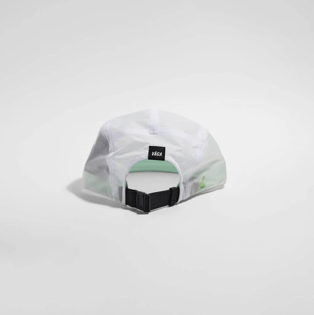 White cap with black adjustable strap on a light gray background
