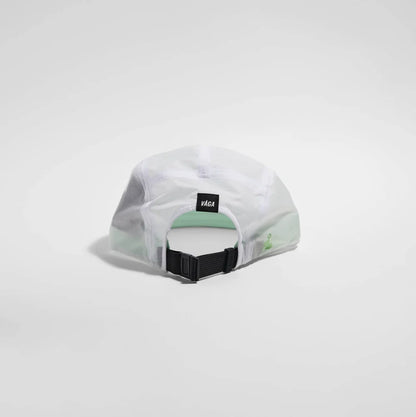 White cap with black adjustable strap on a light gray background