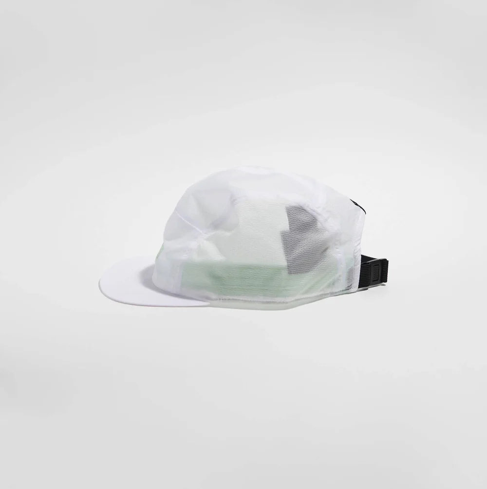 A white mesh baseball cap with a white flat brim and a black side strap, shown from the back on a light gray studio background.