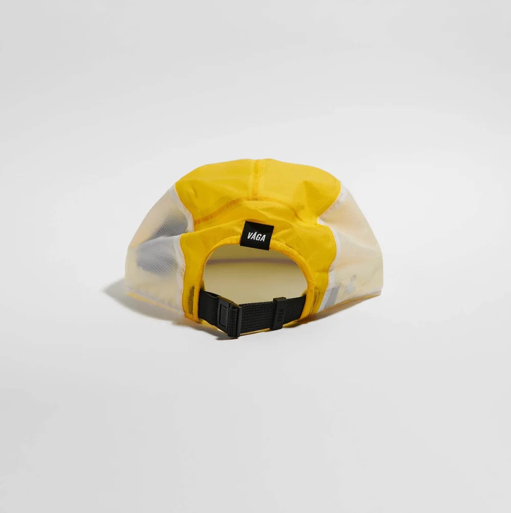 A yellow and translucent mesh baseball cap shown from the back, featuring a black adjustable strap and a small black Vica brand tag.