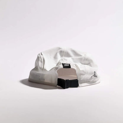 White cap with black strap and visible brand logo on a light gray background