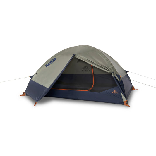 Kelty two-person dome tent with olive rainfly, dark blue base, front door, orange trim