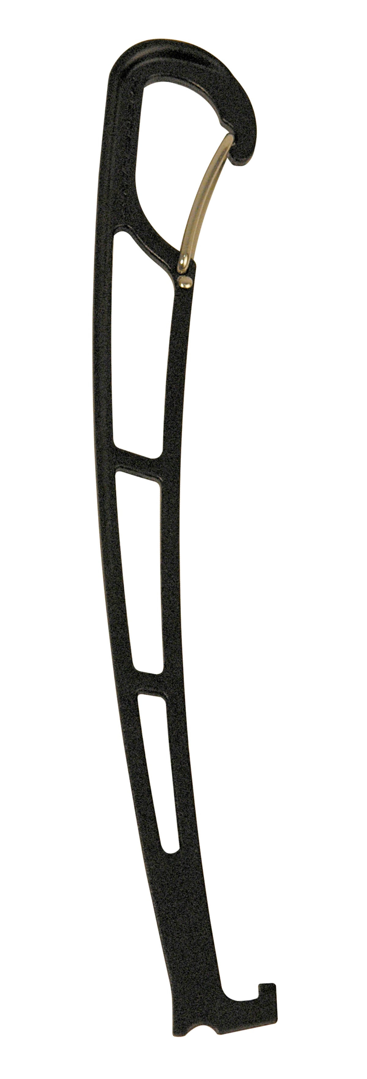 Black metal feather nut tool with U-shaped hook and long slot handle