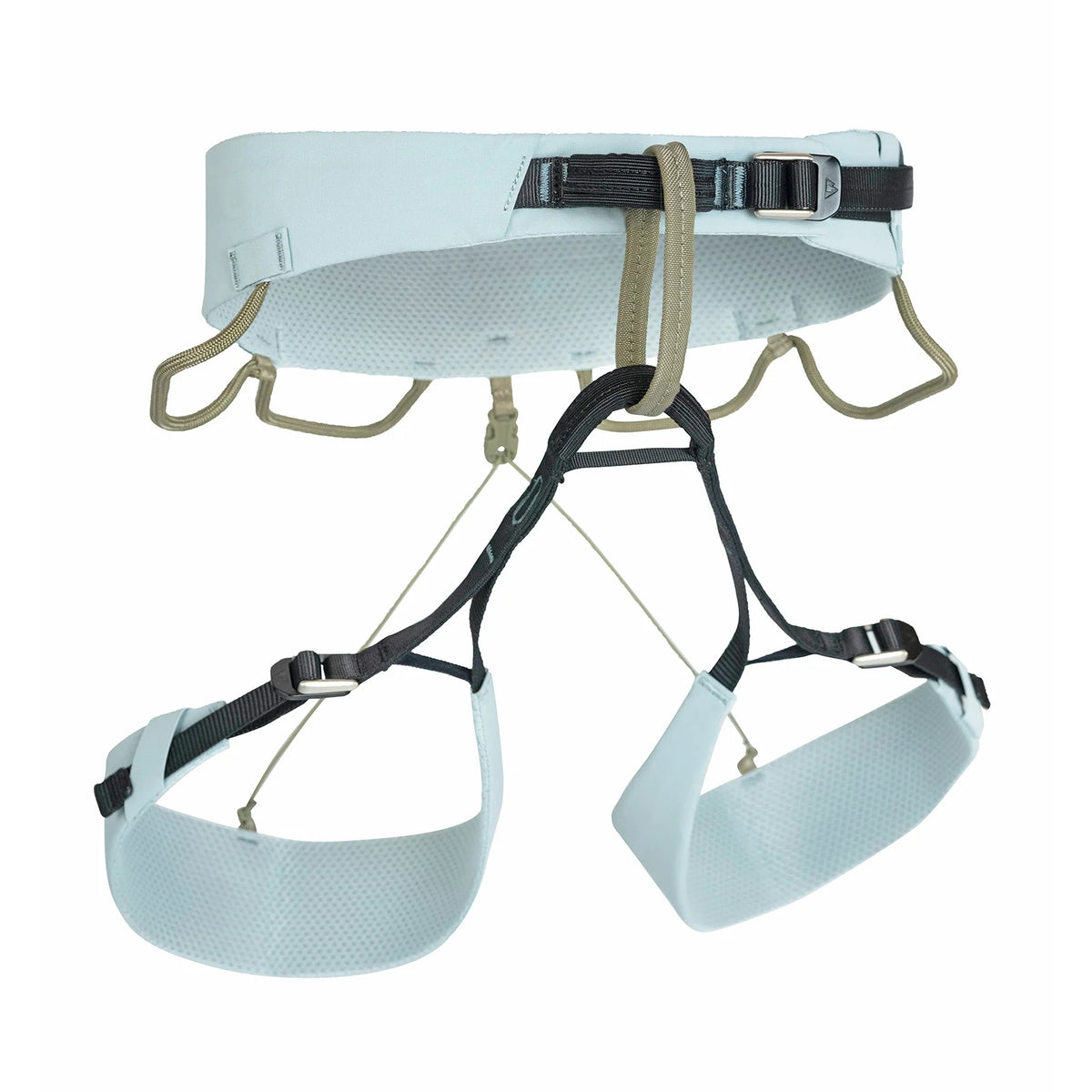 Light blue climbing harness with padded waist belt and adjustable leg loops, hooks attached