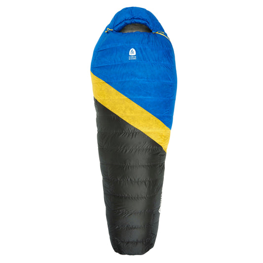 Blue, yellow, and dark sleeping bag with hood and quilted black foot section.