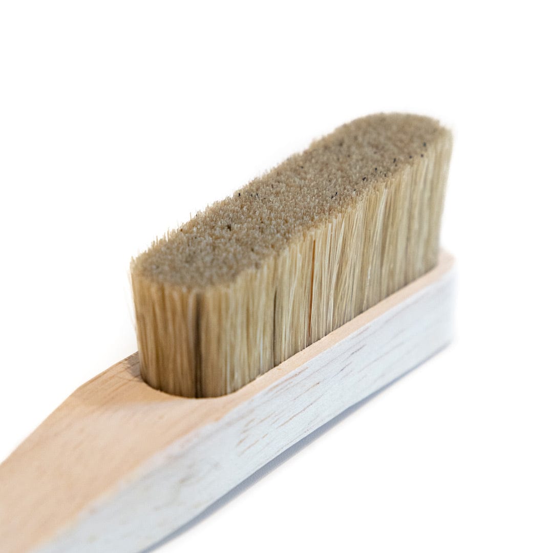 Boar hair climbing brush head with soft and stiff bristle rows on wood base