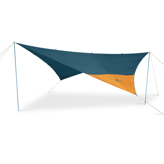 Kelty Noah's 16-foot tarp with blue and orange panels, stretched with ropes and stakes