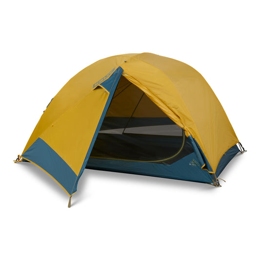 2-person dome tent with yellow rainfly and blue trim