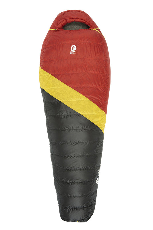 Long sleeping bag with hood, red upper, yellow diagonal stripe, dark gray bottom