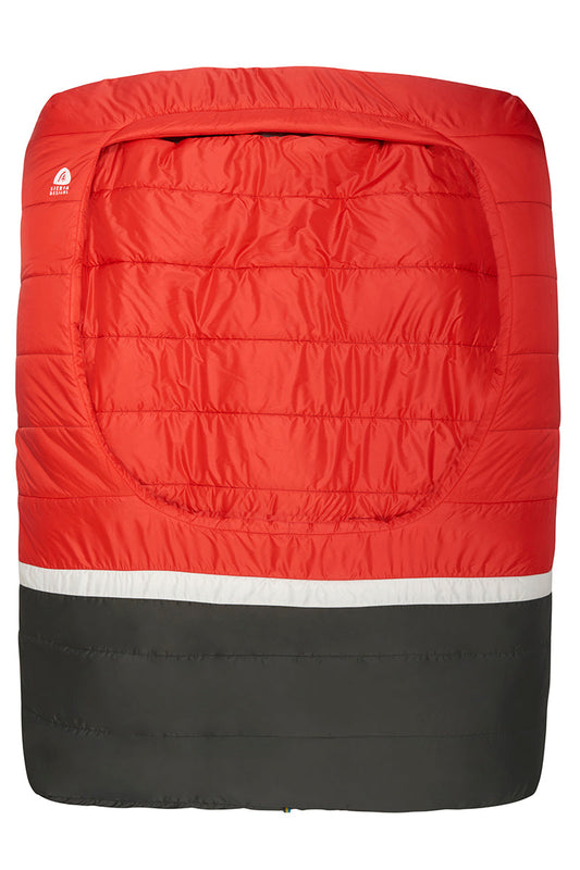 Red and dark gray queen sleeping bag with rounded hood and white stripe